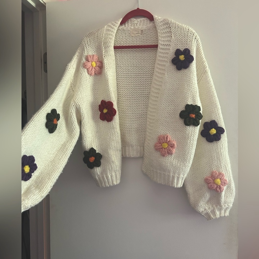 Floral Knit Cardigan Sweater - White with Multicolor Flowers